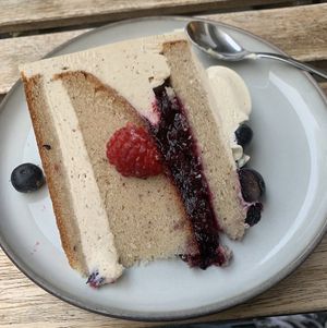 Vanilla and Red Fruits Layer Cake  at Aujourd'hui Demain Cafe in Paris