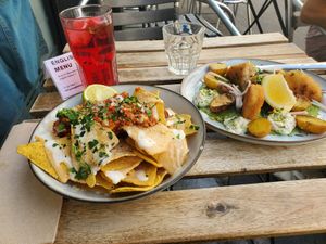 Nachos and Fish with peas at Aujourd'hui Demain Cafe in Paris