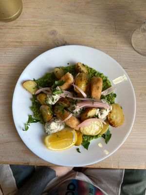 potato w “fish” patty  at Aujourd'hui Demain Cafe in Paris
