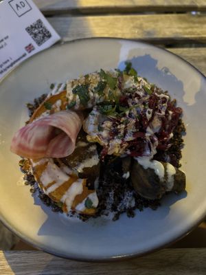 Pumpkin is not one of my favorite vegetables, but I would eat a whole one if it came seasoned like this slice on the plate. Delicious, nutritious and tasty food.  at Aujourd'hui Demain Cafe in Paris