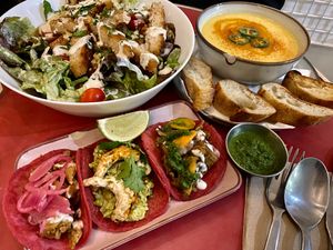 Chicken salad, corn chowder, and tacos at Aujourd'hui Demain Cafe in Paris