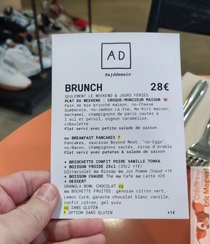 Brunch menu at Aujourd'hui Demain Cafe in Paris