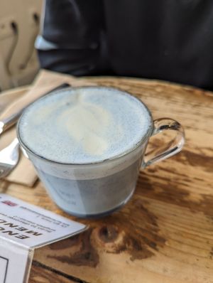 Blue latte at Aujourd'hui Demain Cafe in Paris