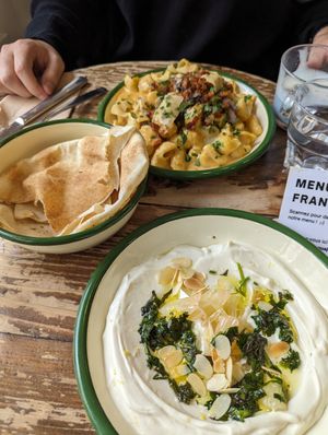 Mac n cheese (medium size) and labneh at Aujourd'hui Demain Cafe in Paris