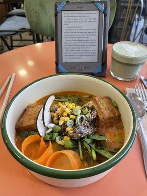 Ramen and matcha latte   at Aujourd'hui Demain Cafe in Paris