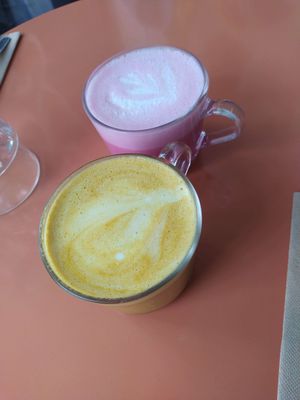 Golden and Pink Latte. Golden was on a mission to end all human life on Earth (very spicy) at Aujourd'hui Demain Cafe in Paris