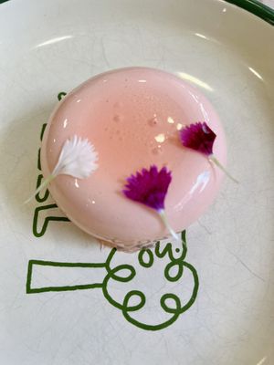 Raspberry vanilla poppy entremets  at Aujourd'hui Demain Cafe in Paris