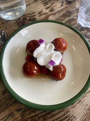 Rhubarb raspberry framboise - heavenly!!!  at Aujourd'hui Demain Cafe in Paris