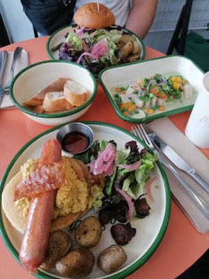 Breakfast Pancakes, Cali Burger, Ceviche Mango at Aujourd'hui Demain Cafe in Paris