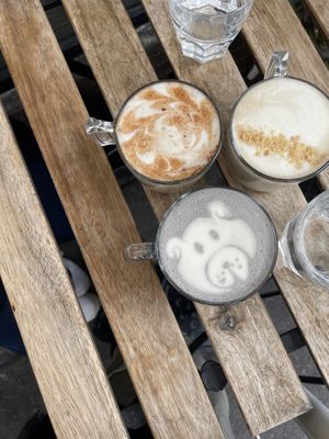 chai latte, black sesame latte + peanut latte  at Aujourd'hui Demain Cafe in Paris