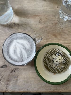 black sesame latte + matcha cookie  at Aujourd'hui Demain Cafe in Paris