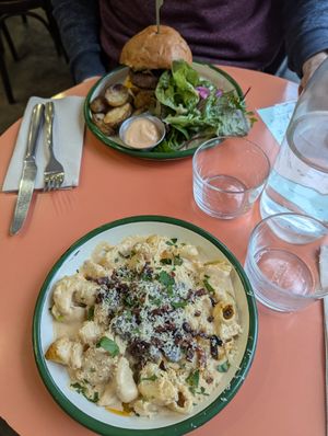 Mac and cheese at the front. at Aujourd'hui Demain Cafe in Paris