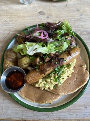 Breakfast pancakes  at Aujourd'hui Demain Cafe in Paris