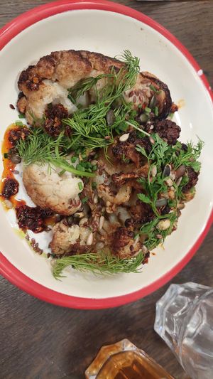 Harissa cauliflower starter at Aujourd'hui Demain Cafe in Paris
