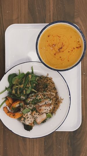 Tofu bowl + Seasonal soup  at Aujourd'hui Demain Cafe in Paris