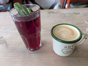 Bissap and a café latte at Aujourd'hui Demain Cafe in Paris