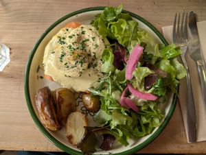 Eggs Benedict at Aujourd'hui Demain Cafe in Paris
