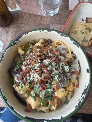 the mac and cheese carbonara was AMAZING!  at Aujourd'hui Demain Cafe in Paris