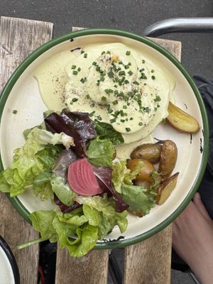 Brunch plate: salmon Benedict   at Aujourd'hui Demain Cafe in Paris
