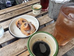 Brunch mini viennoiserie: tiny cinnamon rolls   at Aujourd'hui Demain Cafe in Paris