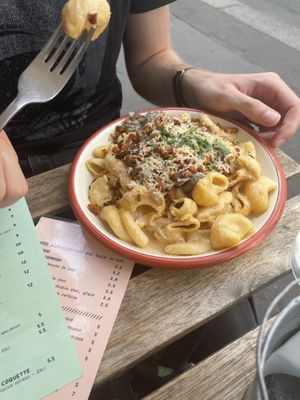 Mac n Cheese Carbonara  at Aujourd'hui Demain Cafe in Paris