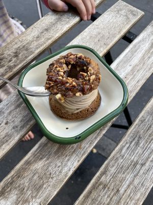 Baggle with cream filling  at Aujourd'hui Demain Cafe in Paris