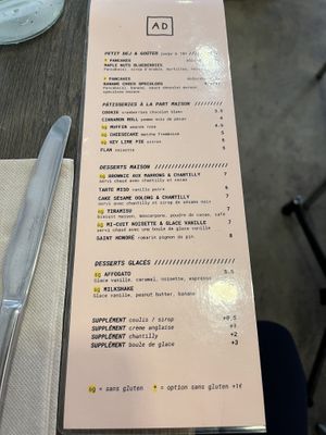 Dessert menu  at Aujourd'hui Demain Cafe in Paris