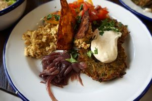 Main plate (from the Sunday Brunch) at Aujourd'hui Demain Cafe in Paris