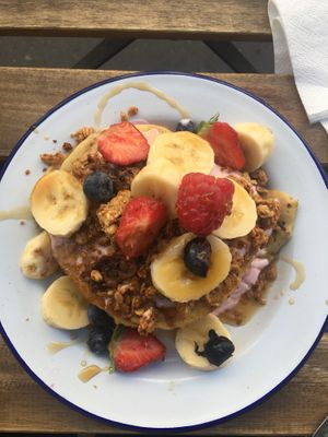 Trio of pancakes with homemade granola at Aujourd'hui Demain Cafe in Paris