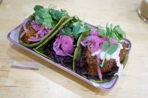 Taco trio (mole, chorizo, hibiscus) at Aujourd'hui Demain Cafe in Paris