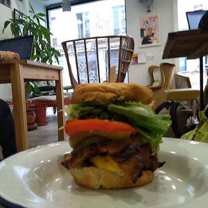 BLT burger is just delicious. The bacon was amazing! at Aujourd'hui Demain Cafe in Paris