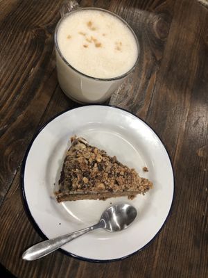 Cake and peanutmacciato at Aujourd'hui Demain Cafe in Paris