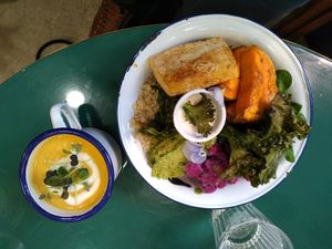 Tofu bowl and peanut soup at Aujourd'hui Demain Cafe in Paris