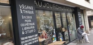 The facade at Aujourd'hui Demain Cafe in Paris