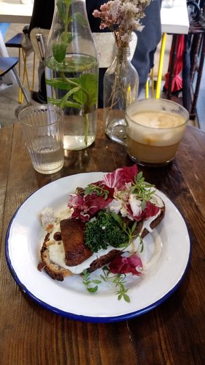 Portobello toast & pumpkin spice latte at Aujourd'hui Demain Cafe in Paris