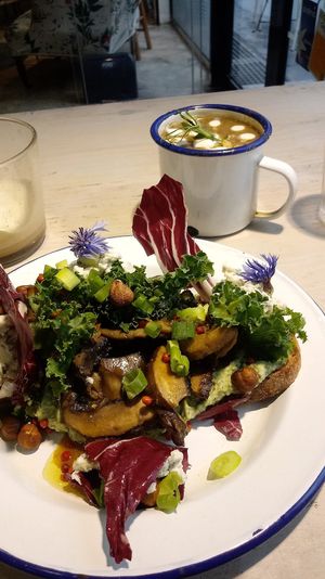 Mushroom toast & Soup at Aujourd'hui Demain Cafe in Paris