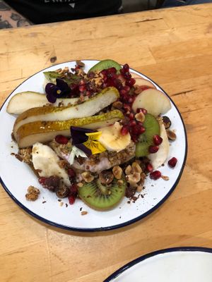 Sweet pancakes (under all the fresh fruit!) at Aujourd'hui Demain Cafe in Paris