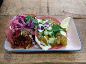 No chorizo taco and a curried potato taco. at Aujourd'hui Demain Cafe in Paris