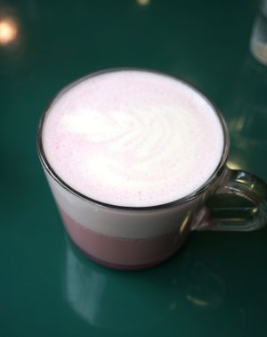 Pink Latte at Aujourd'hui Demain Cafe in Paris