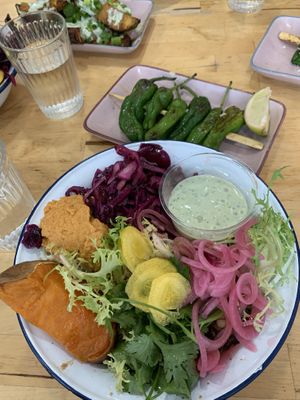 Bowl + spicy roasted peppers (patatas bravas in the background) all AMAZING  at Aujourd'hui Demain Cafe in Paris