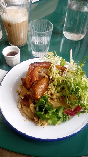 Breakfast Pancakes and Café Latte at Aujourd'hui Demain Cafe in Paris