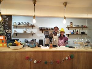 Michael and Chiharu with their extensively devine selection teas and freshly-dripped coffee. The most gorgeous people and owners of Healthy Penguine Cafe.  at Healthy Penguin Cafe in Matsumoto