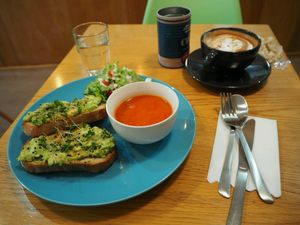 avocado toast with soup of the day :) at Healthy Penguin Cafe in Matsumoto