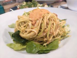 Raw squash spaghetti with red sauce at Bananas Veggie & Raw Cuisine in Novi Sad