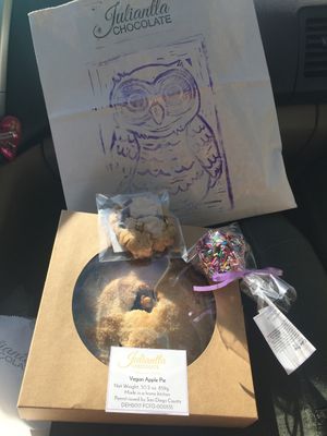 All vegan: apple pie, chocolate cake pop with rainbow sprinkles and pb chocolate chip cookie. 
The cake pop was moist and fresh, the cookie was delicious and the pie had the best crust and filling! at Juliantla Chocolate in Julian