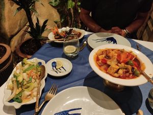 Sweet and sour tofu, mixed vegetables as accompaniment at Blue Elephant in St Julians