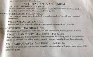 Vegetarian menu at The Olive Tree Cafe in Te Anau