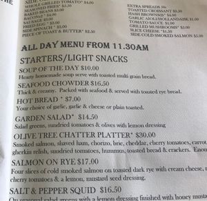 Menu with salad as a vegan option at The Olive Tree Cafe in Te Anau
