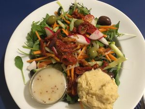 Green salad with hummus at The Olive Tree Cafe in Te Anau