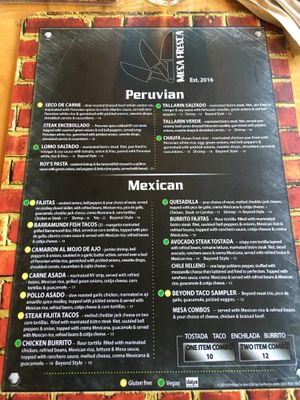 Menu - V for items with a vegan option at Mesa Fresca in Oregon City